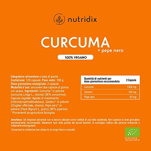 Cúrcuma Orgánica 1300mg Dosis con Pimienta Negra y Jengibre - Potente Antioxidante y Antiinflamatorio con Curcumina y Piperina 100% Vegano - 120 Cápsulas Nutridix