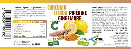 CURCUMA | PIPERINA | JENGIBRE | LIMON | VITAMINA C | 130 PASTILLAS 500 MG | PRODUCTO ITALIANO 100% NATURAL | ANTI-INFLAMATORIO NATURAL