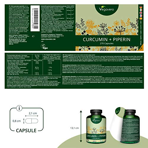 Curcumina 1140mg + Piperina 28,5mg Vegavero® | TRIPLE DE CÁPSULAS: 270 | Extracto Estandarizado al 95% | Sin Aditivos | Antiinflamatorio + Articulaciones + Digestión + Metabolismo | Turmeric