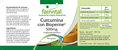 Curcumina + Piperina (Bioperine) 500mg - Extracto de Cúrcuma + Pimienta Negra - VEGANO - 95% de Curcuminoides - 120 Cápsulas - Calidad Alemana