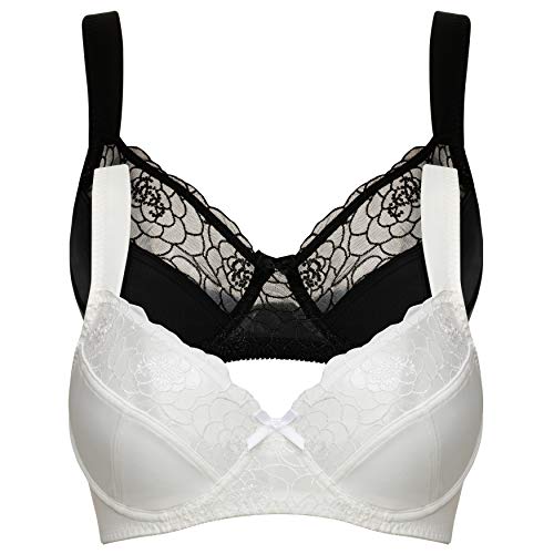 Curve Muse Sujetador con Aros y minimizador de Talla Grande para Mujer con Bordado de Encaje - Paquete de 2-Negro, suero de la leche-120C