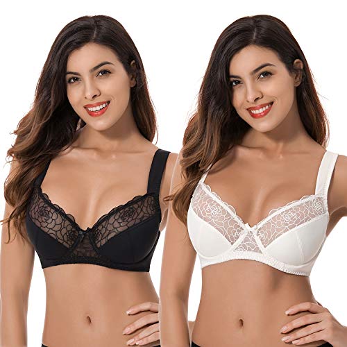 Curve Muse Sujetador con Aros y minimizador de Talla Grande para Mujer con Bordado de Encaje - Paquete de 2-Negro, suero de la leche-120C