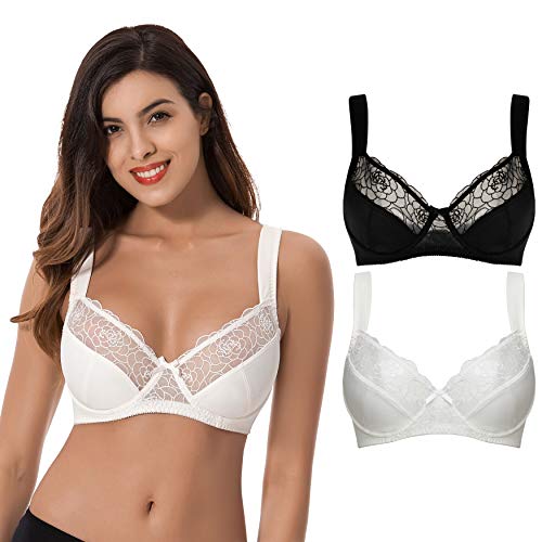Curve Muse Sujetador con Aros y minimizador de Talla Grande para Mujer con Bordado de Encaje - Paquete de 2-Negro, suero de la leche-120C
