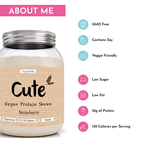 Cute Nutrition Batido de Proteínas Vegano Sabor Fresa Sin Gluten Apoya la Pérdida de Peso Apto Para Vegetarianos y Veganos Bote de 600g sin OGM
