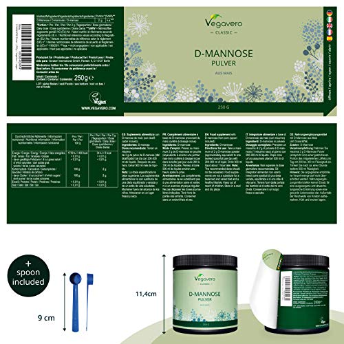 D-Mannose en Polvo 99.9% PURA Vegavero® | Prevención y Tratamiento de Afecciones Urinarias | 250 g | Testado en Laboratorio | Sin Aditivos | Vegano