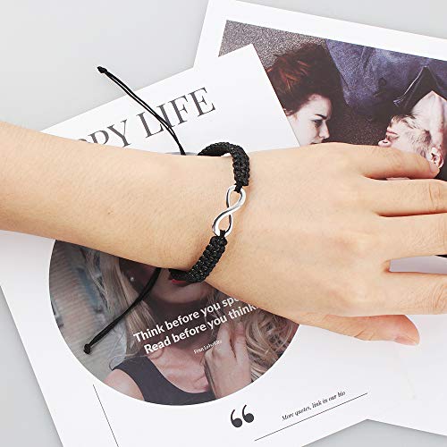 Dadabig 6 PCS Pulseras con Símbolo de Infinito Acero Inoxidable Cuero Brazalete Pulseras de Distancia Larga Cadena Ajustable Pulseras para Mujeres Hombres Familia Amistad,Negro