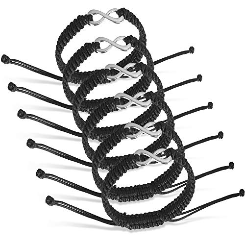 Dadabig 6 PCS Pulseras con Símbolo de Infinito Acero Inoxidable Cuero Brazalete Pulseras de Distancia Larga Cadena Ajustable Pulseras para Mujeres Hombres Familia Amistad,Negro
