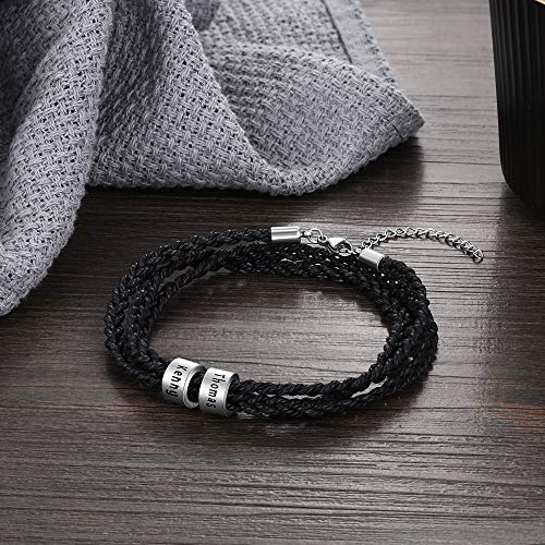DaMei Personalizada Pulseras para Hombre Cuero con Nombre para Familia Pareja Brazalete Plata Hombre Mujer Pulsera de España - Ideas Regalo para Hombre da Cumpleaños Aniversario
