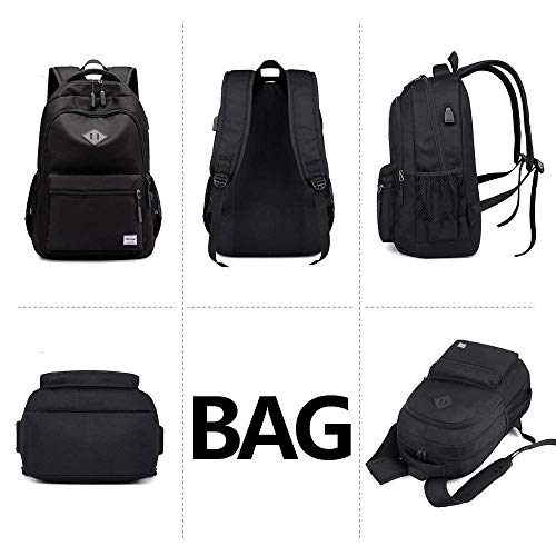 Danny®Mochila Escolar Unisex clásica y Ligera Resistente a desgarros, Mochila de Viaje con Puerto de Carga USB para portátil de 15.6 Pulgadas,Negro