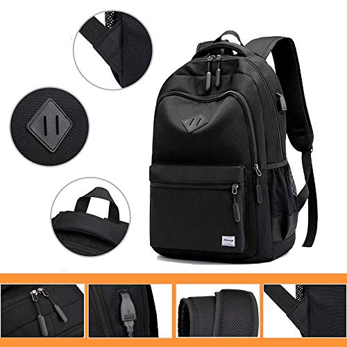Danny®Mochila Escolar Unisex clásica y Ligera Resistente a desgarros, Mochila de Viaje con Puerto de Carga USB para portátil de 15.6 Pulgadas,Negro