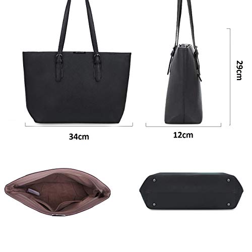 David Jones - Bolso de Mano Grande Mujer - Tote Bag Shopper Piel PU - Bolso de Hombro Trabajo Shopping Gran Capacidad Cuero - Bolso de Compras Asa Larga - Escuela Estudiante Moda - Negro