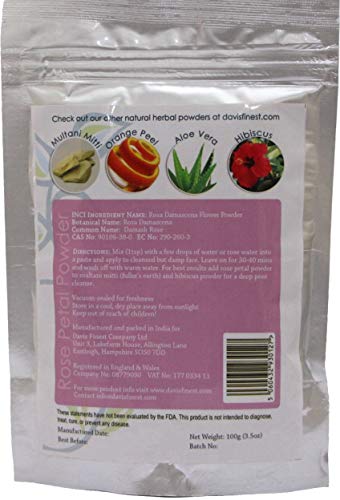 Davis Finest Polvo de pétalos de rosa para cabello y piel, minimizador de poros, aligeramiento de la piel, aclarado, endurecedor, hidratante, antienvejecimiento, máscara facial vegana con manchas 100g