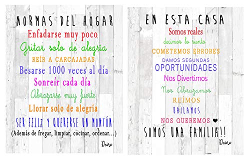 Dcine Set 2 Cuadros Decorativos Frases positivas/Normas del hogar /19 cm x 25 cm x 4 mm unid. /Lámina sobreMadera