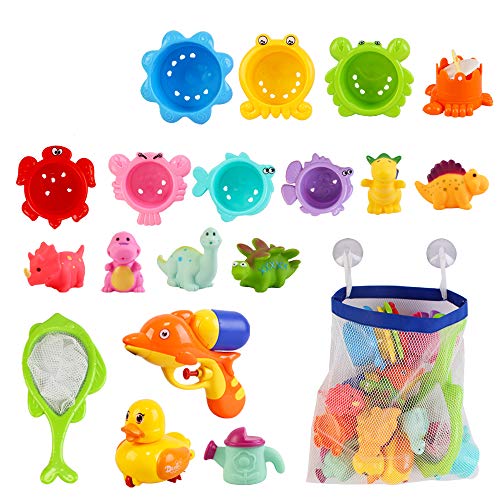 deAO Conjunto Juguetes para Hora del Baño Infantil Muñecos de Goma, Mini Pistola de Agua y Jarritas Accesorios para Bañera Incluye Bolsa de Almacenaje
