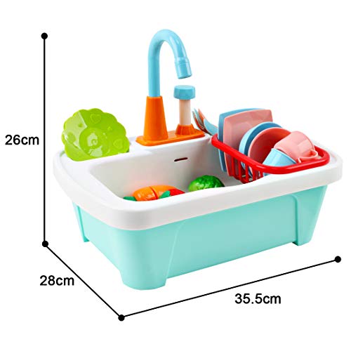 deAO Juego de Utensilios de Cocina y Comida de Juguete Fregadero Electrónico y Conjunto de Frutas, Verduras y Accesorios de Cocinita Infantil de Imitación