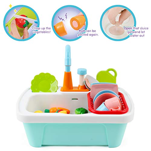 deAO Juego de Utensilios de Cocina y Comida de Juguete Fregadero Electrónico y Conjunto de Frutas, Verduras y Accesorios de Cocinita Infantil de Imitación