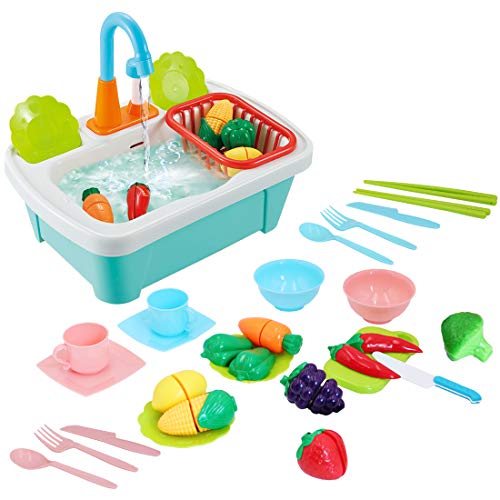 deAO Juego de Utensilios de Cocina y Comida de Juguete Fregadero Electrónico y Conjunto de Frutas, Verduras y Accesorios de Cocinita Infantil de Imitación