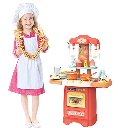 deAO Mi Pequeño Chef Cocinita de Juguete con Tamaño Mini Características de Agua, Luz y Sonidos Conjunto Infantil de Cocina con 50 Accesorios Incluidos (Rosa)