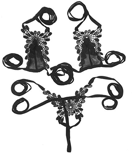 Dearaimili Mujeres Tres Puntos Lencería Bordado Vendaje Bikini Negro