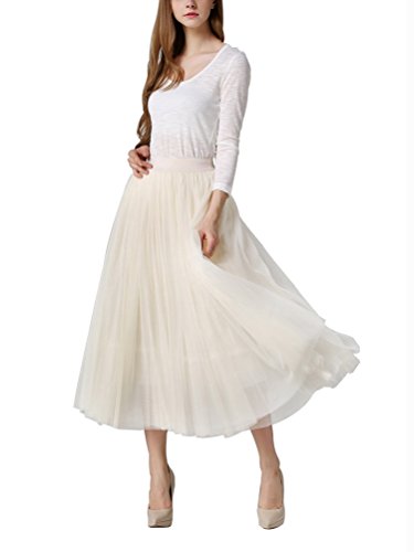 DEBAIJIA Falda Larga De Tul Plisada Tutu Malla De Noche Fiesta Moda Cintura Elástica para Mujer - Beige