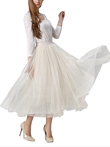 DEBAIJIA Falda Larga De Tul Plisada Tutu Malla De Noche Fiesta Moda Cintura Elástica para Mujer - Beige
