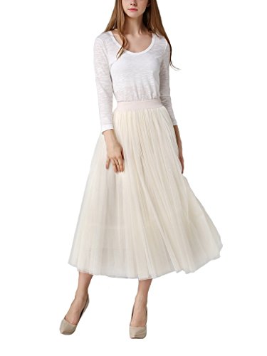 DEBAIJIA Falda Larga De Tul Plisada Tutu Malla De Noche Fiesta Moda Cintura Elástica para Mujer - Beige