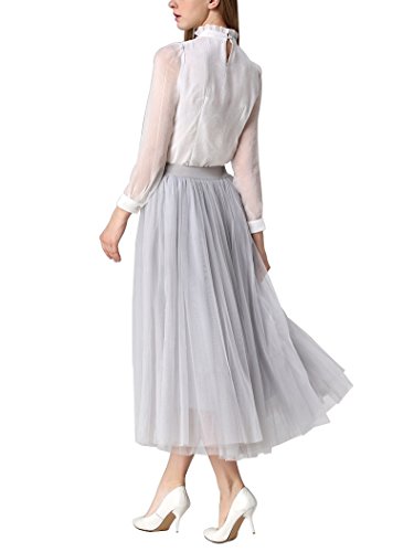DEBAIJIA Falda Larga De Tul Plisada Tutu Malla De Noche Fiesta Moda Cintura Elástica para Mujer - Claro Gris