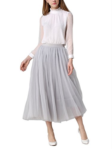 DEBAIJIA Falda Larga De Tul Plisada Tutu Malla De Noche Fiesta Moda Cintura Elástica para Mujer - Claro Gris