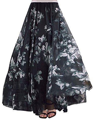 DEBAIJIA Falda Larga Mujer Maxi Bohemia Playa Vacaciones Gasa con Estampado Floral Talla Grande Cintura Elástica Negro - XL