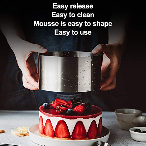 DECARETA 4 PCS Molde de Pastel Acero Inoxidable,Juegode Moldes para Postres,Mousse Anillo Redonda,Aros Emplatar con Prensador para Huevos y Rostis,Postres de Mousse,Varios Pequeños Postres etc-8*8*4cm