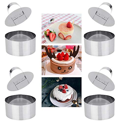 DECARETA 4 PCS Molde de Pastel Acero Inoxidable,Juegode Moldes para Postres,Mousse Anillo Redonda,Aros Emplatar con Prensador para Huevos y Rostis,Postres de Mousse,Varios Pequeños Postres etc-8*8*4cm