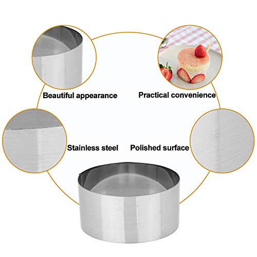 DECARETA 4 PCS Molde de Pastel Acero Inoxidable,Juegode Moldes para Postres,Mousse Anillo Redonda,Aros Emplatar con Prensador para Huevos y Rostis,Postres de Mousse,Varios Pequeños Postres etc-8*8*4cm