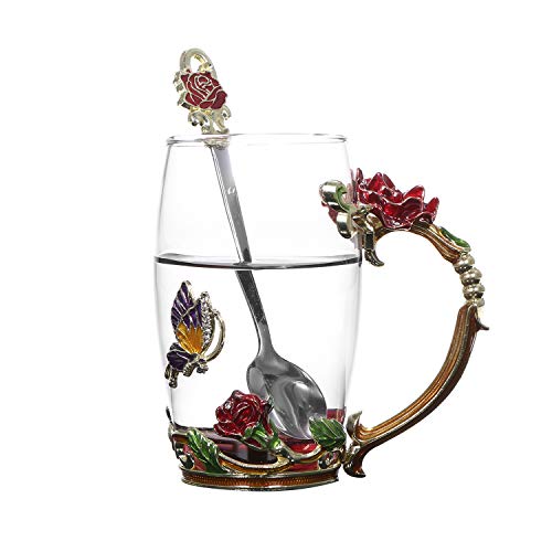 Decdeal 350ML Taza de Té con Diseño de Flores, Esmaltada, de Cristal, Regalos Personalizados para Mujeres, Dia de la Madre, Hermanas, Cumpleaños, Navidad, San Valentín