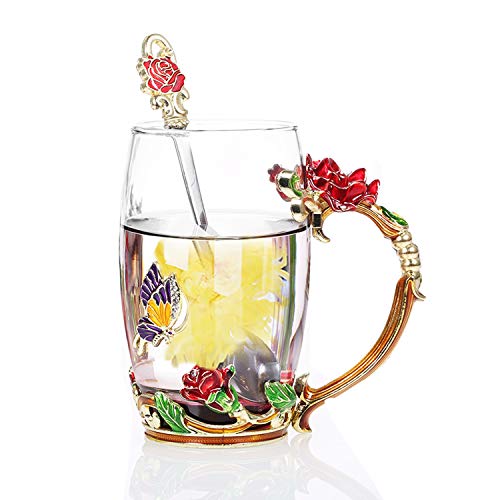 Decdeal 350ML Taza de Té con Diseño de Flores, Esmaltada, de Cristal, Regalos Personalizados para Mujeres, Dia de la Madre, Hermanas, Cumpleaños, Navidad, San Valentín
