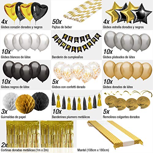 Decoracion Cumpleaños - Pack Incluye Pancarta" Feliz Cumpleaños", Globos, Guirnaldas, Banderines, Pompones, Cortinas y Mucho Mas… (Español Color Negro)