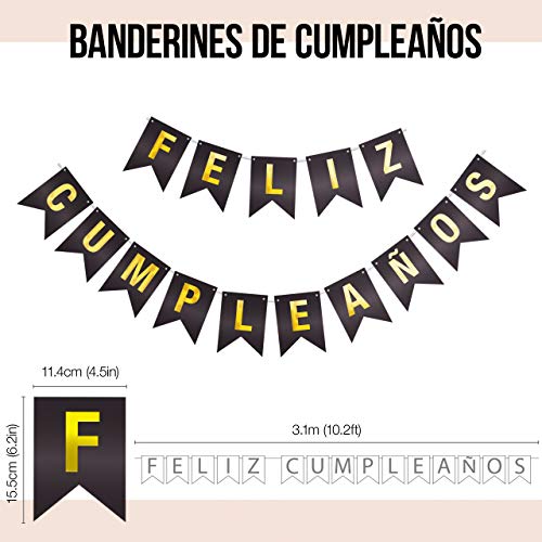 Decoracion Cumpleaños - Pack Incluye Pancarta" Feliz Cumpleaños", Globos, Guirnaldas, Banderines, Pompones, Cortinas y Mucho Mas… (Español Color Negro)