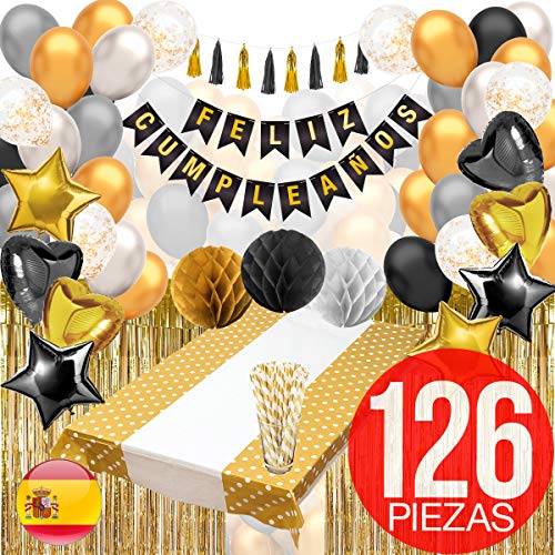 Decoracion Cumpleaños - Pack Incluye Pancarta" Feliz Cumpleaños", Globos, Guirnaldas, Banderines, Pompones, Cortinas y Mucho Mas… (Español Color Negro)