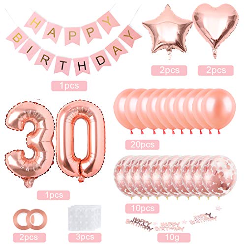 Decoración de cumpleaños 30 en Oro Rosa para Mujeres, Feliz cumpleaños Decoración Globos Guirnalda Banner 30 Años Globos de Confeti y Estrella Corazon Globos de Aluminio