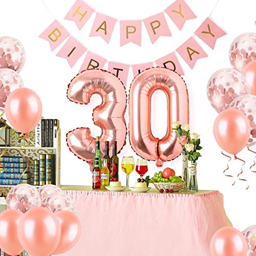 Decoración de cumpleaños 30 en Oro Rosa para Mujeres, Feliz cumpleaños Decoración Globos Guirnalda Banner 30 Años Globos de Confeti y Estrella Corazon Globos de Aluminio