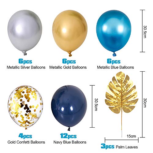 Decoración de cumpleaños de globos de oro azul, globos de papel de aluminio, globos de látex azul marino, globos metálicos de plata de oro azul, globos de confeti de oro, globos de papel de estrella