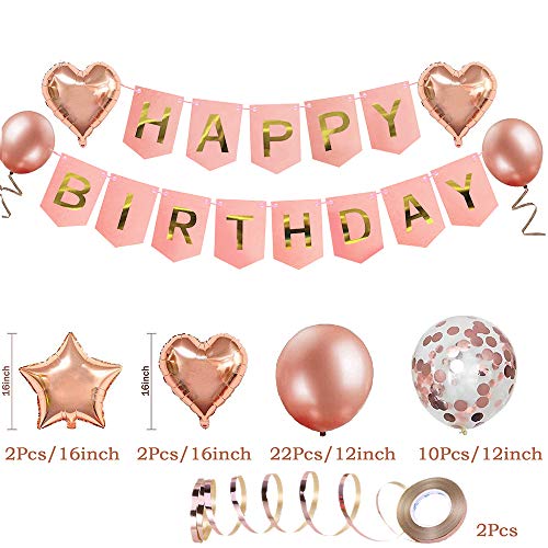 Decoración de cumpleaños en oro rosa, feliz cumpleaños Decoración guirnalda Banner de cumpleaños para fiesta con globos y globos de confeti y globos de aluminio de corazón para niñas y mujeres 18