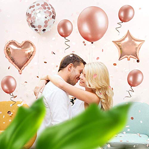 Decoración de cumpleaños en oro rosa, feliz cumpleaños Decoración guirnalda Banner de cumpleaños para fiesta con globos y globos de confeti y globos de aluminio de corazón para niñas y mujeres 18