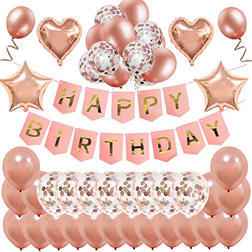 Decoración de cumpleaños en oro rosa, feliz cumpleaños Decoración guirnalda Banner de cumpleaños para fiesta con globos y globos de confeti y globos de aluminio de corazón para niñas y mujeres 18