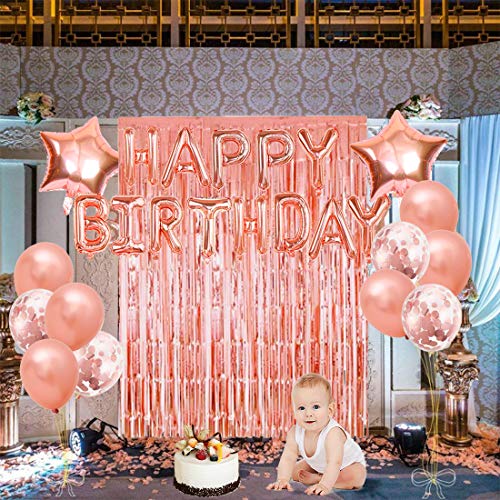 Decoración de Fiesta de Cumpleaños en Oro Rosa, Feliz Cumpleaños Guirnalda Globos de Confeti, Mantel de Oro Rosa Cortina Oropel, para Fiesta de Niña Decoración de Cumpleaños