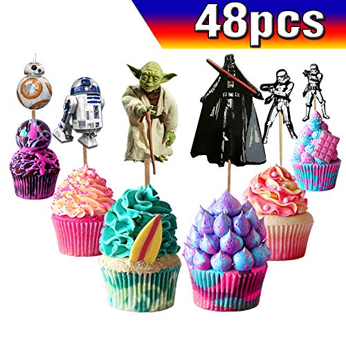Decoración para tartas de Star Wars, 48 piezas, decoración para tartas de Star Wars, decoración de tartas para fans de Star Wars, fiesta de cumpleaños para niños