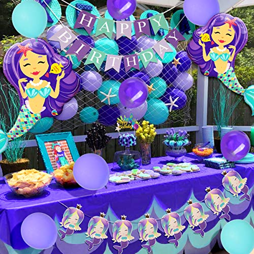 Decoraciones de cumpleaños de sirena para niñas con sirena de red de pesca náutica Cake Topper Garland para la fiesta de cumpleaños