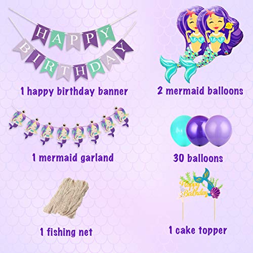 Decoraciones de cumpleaños de sirena para niñas con sirena de red de pesca náutica Cake Topper Garland para la fiesta de cumpleaños