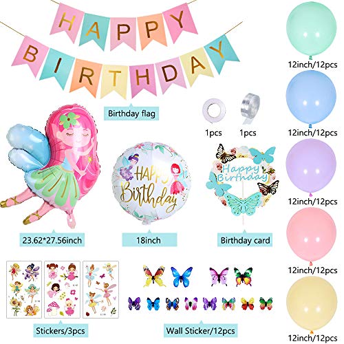 Decoraciones de fiesta de cumpleaños, globos de feliz cumpleaños Banner Elf Girl Set de fiesta de cumpleaños para niñas niños novia hija mujeres