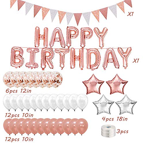 Decoraciones de Fiesta de Cumpleaños, KIPIDA Globos Oro Rosa para Cumpleaños de Niñas de 18 Años, Pancarta de Feliz Cumpleaños, Globos de Confeti Decoraciones Cumpleaños para Mujeres, Hijas, Amigas