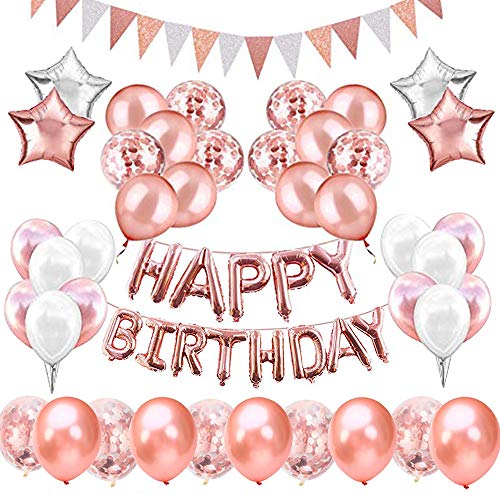 Decoraciones de Fiesta de Cumpleaños, KIPIDA Globos Oro Rosa para Cumpleaños de Niñas de 18 Años, Pancarta de Feliz Cumpleaños, Globos de Confeti Decoraciones Cumpleaños para Mujeres, Hijas, Amigas